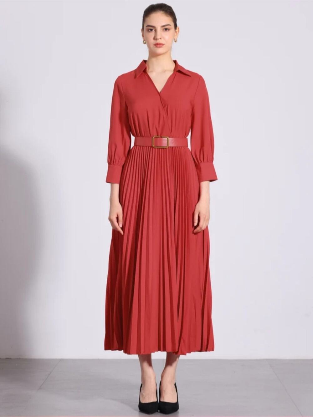 #2-2 MSRP $55 NWT ALLEGRA K COLLAR V NECK BELTED PLEATED MAXI DRESS ♡SIZE L♡